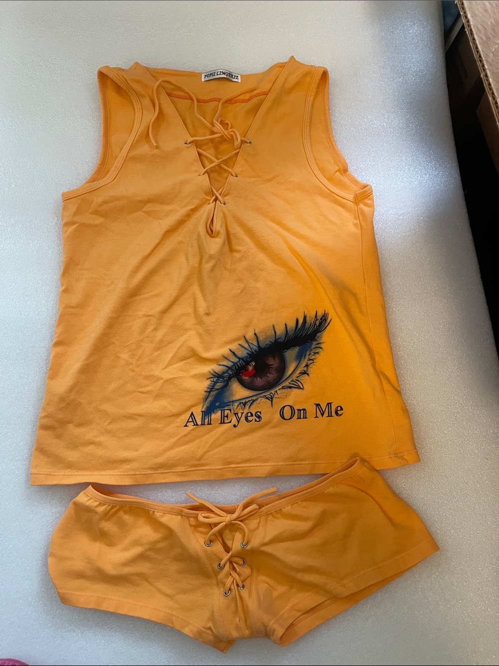 Popsi lingerie All Eyes On Me Lace-Up Orange Tank & Shorts Set. Size lg